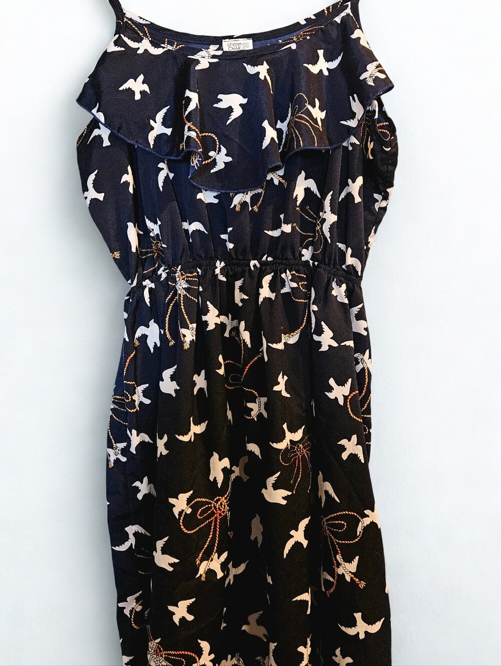 Navy Mini Dress with White Bird Print and Gold Bow Accents
